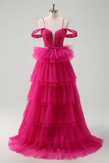 Robe de bal longue en tulle a-ligne à épaules dénudées rose vif avec appliques